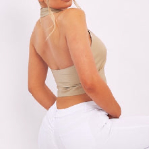 NWT Tan Collared Halter Neck Vest Button Up Crop Top Size Large Sans Souci - Picture 3 of 9